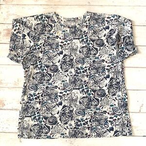 Women’s XL Short Sleeve Printed Shirt Navy Blue White Cotton Tee Size X Large